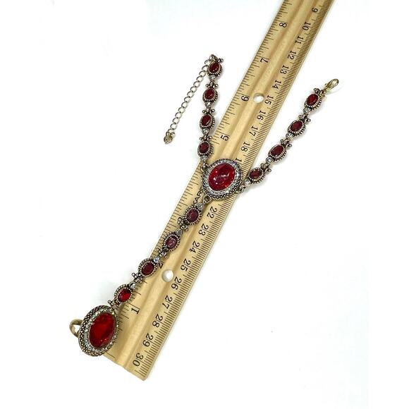 NEW Hand Bracelet Ring Red Rhinestone Gold Tone Unique Fashion Jewelry set m - Picture 7 of 10